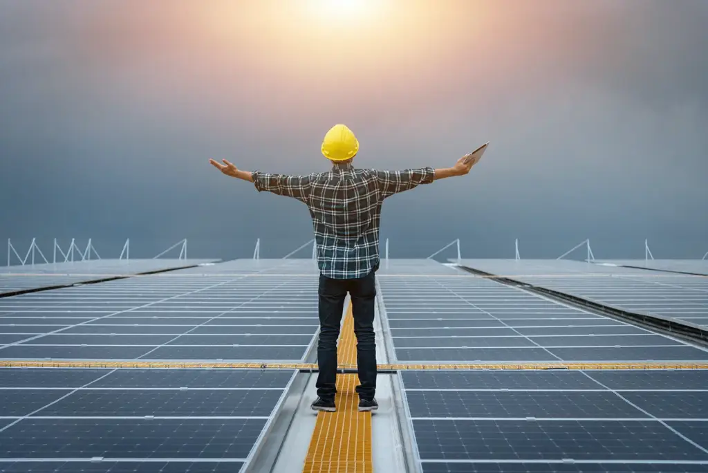 Arbeiter steht auf Solardach Arbeiter steht auf Solardach